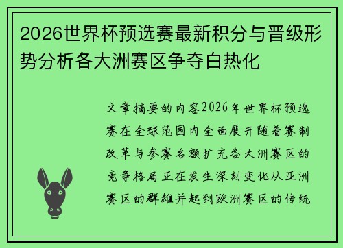 2026世界杯预选赛最新积分与晋级形势分析各大洲赛区争夺白热化